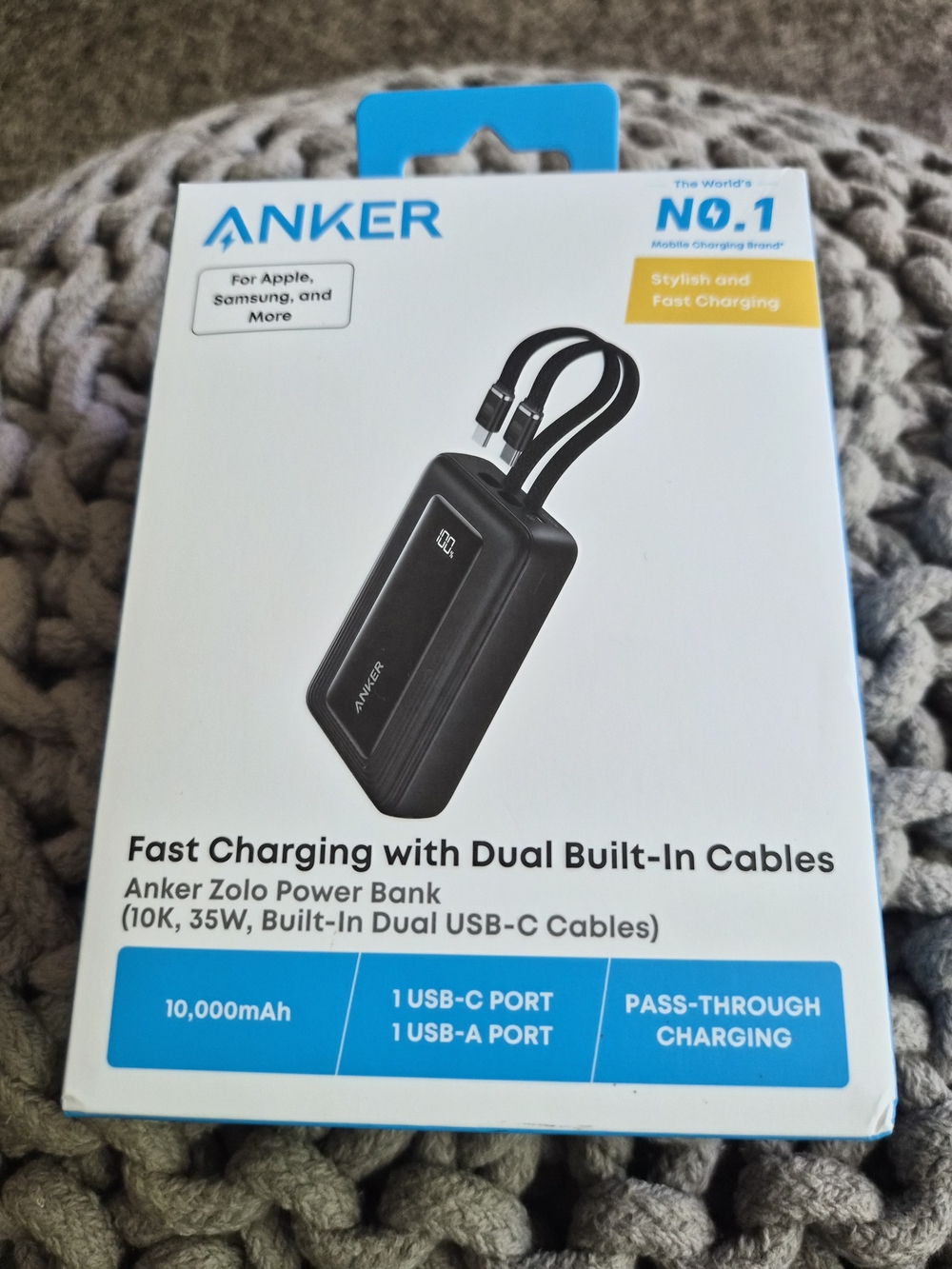 Anker Portable Power Bank with Dual Built-In Cables — Black